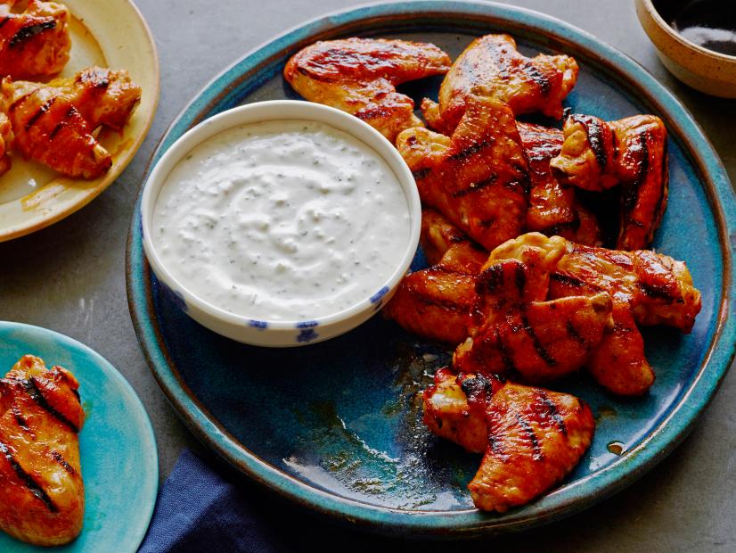 Chicken Wings with Red Hot Honey Glaze and Blue Cheese-Celery Dipping Sauce
